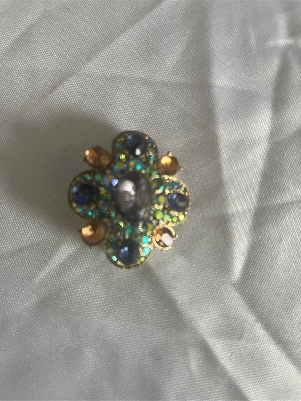Gold-Tone Blue and Green Crystal Flower Brooch - Unbranded